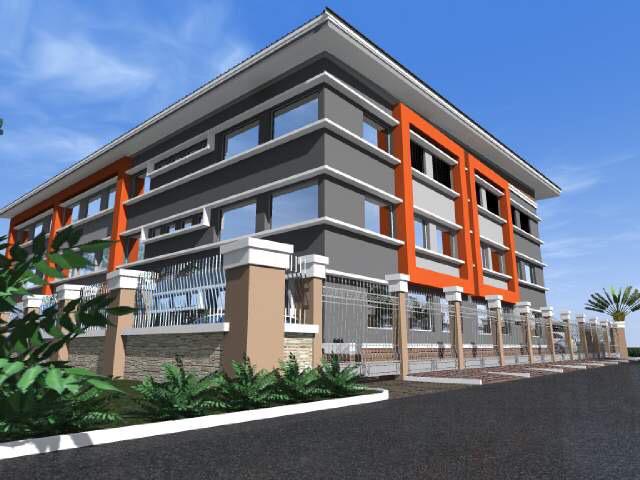 Render of the building’s corner elevation with perimeter fence and planting