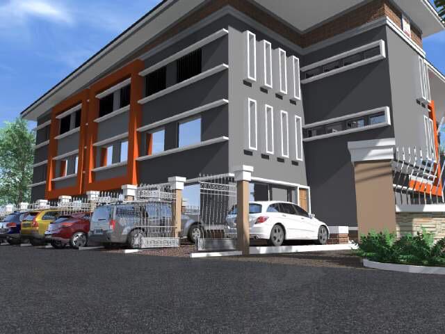 Render of the building entrance with parked cars in the forecourt