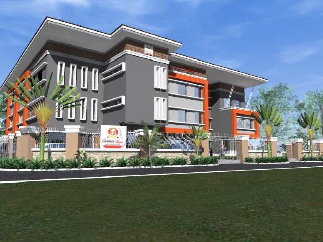 Architectural render of a three-storey Juvosa building with grey and orange facade and landscaped frontage