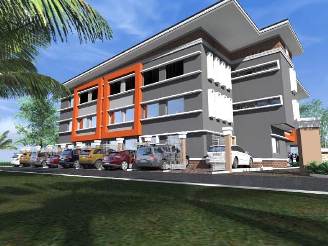 Render of the building seen across a lawn with palm trees