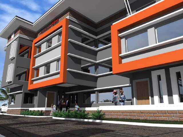 Close render of the orange-framed upper floors above the entrance